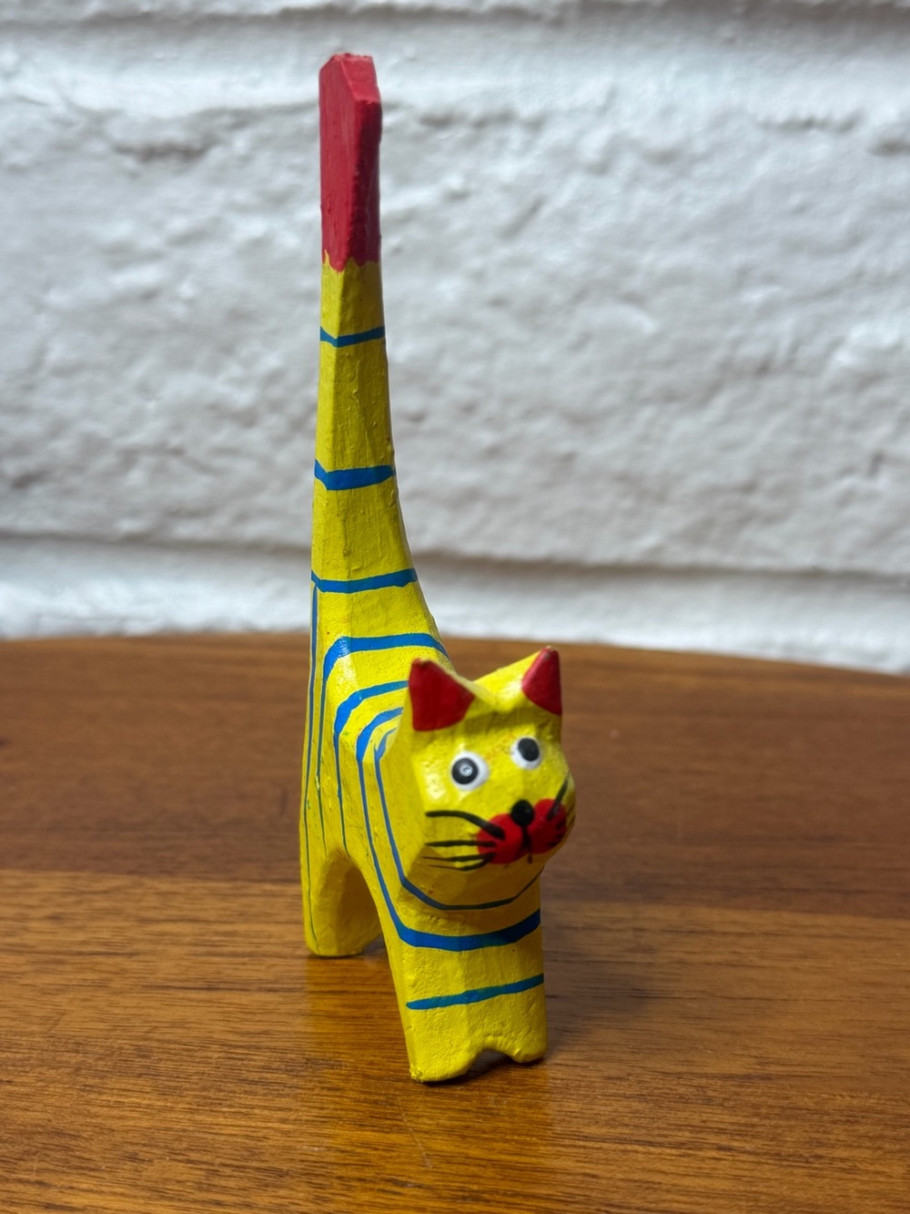 Vintage Folk Art Wood Carved Yellow Blue Striped Long Tail Cat Figurine